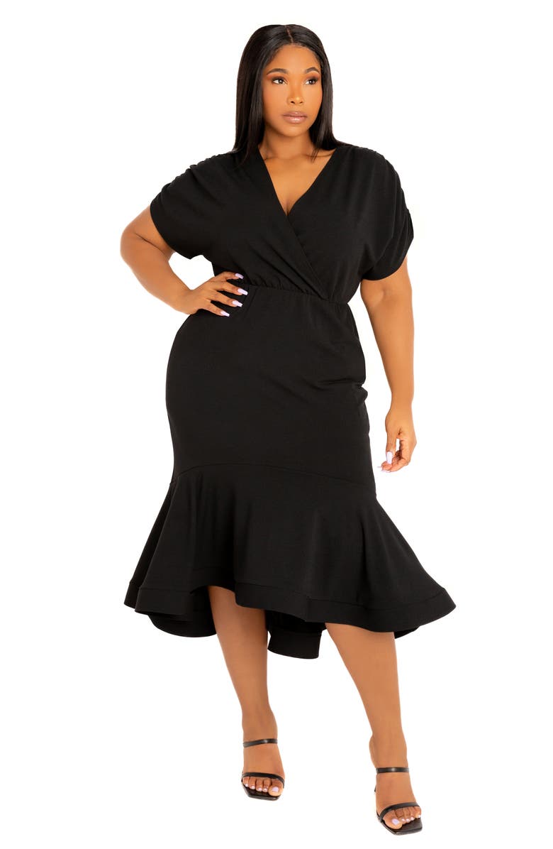 BUXOM COUTURE Wrap Front Flounce Hem High-Low Mermaid Midi Dress, Alternate, color, Black