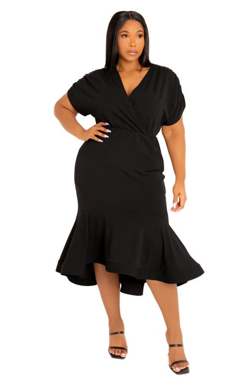 Buxom Couture Wrap Front Flounce Hem High-low Mermaid Midi Dress In Black
