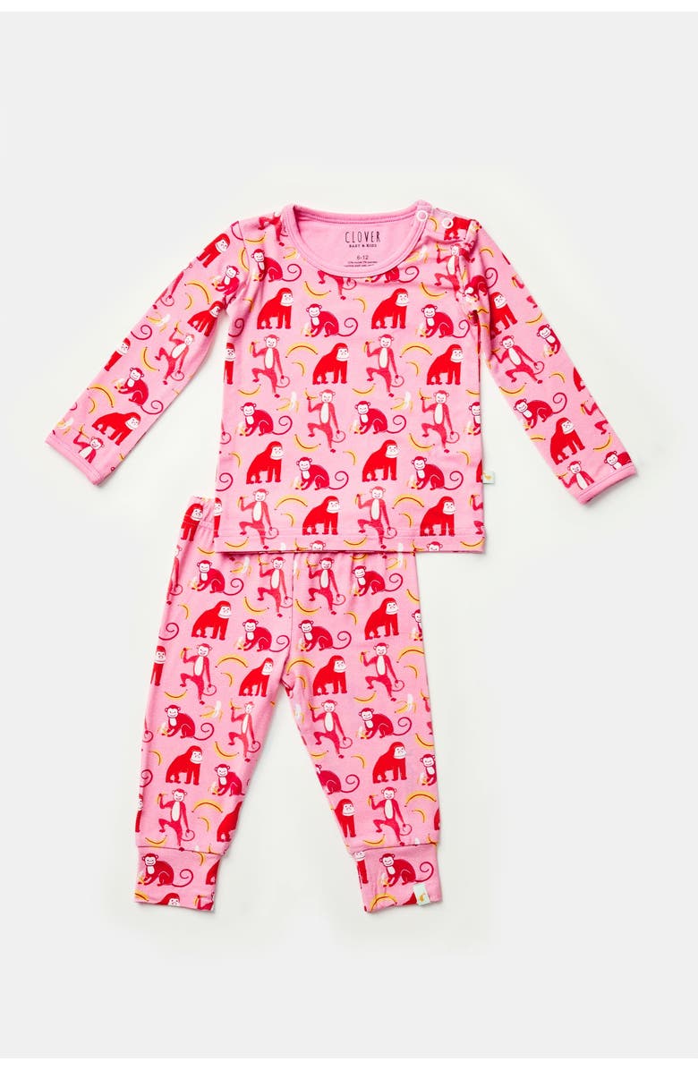 Clover Baby & Kids Long Sleeve Pajama Set - Monkeying Around Pink, Main, color, Monkeying Around Pink