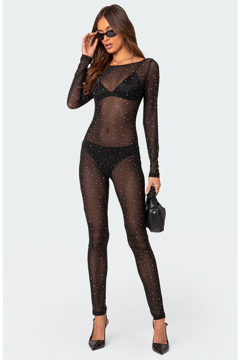 Kristine Rhinestone Sheer Long Sleeve Mesh Jumpsuit, Alternate, color, BLACK