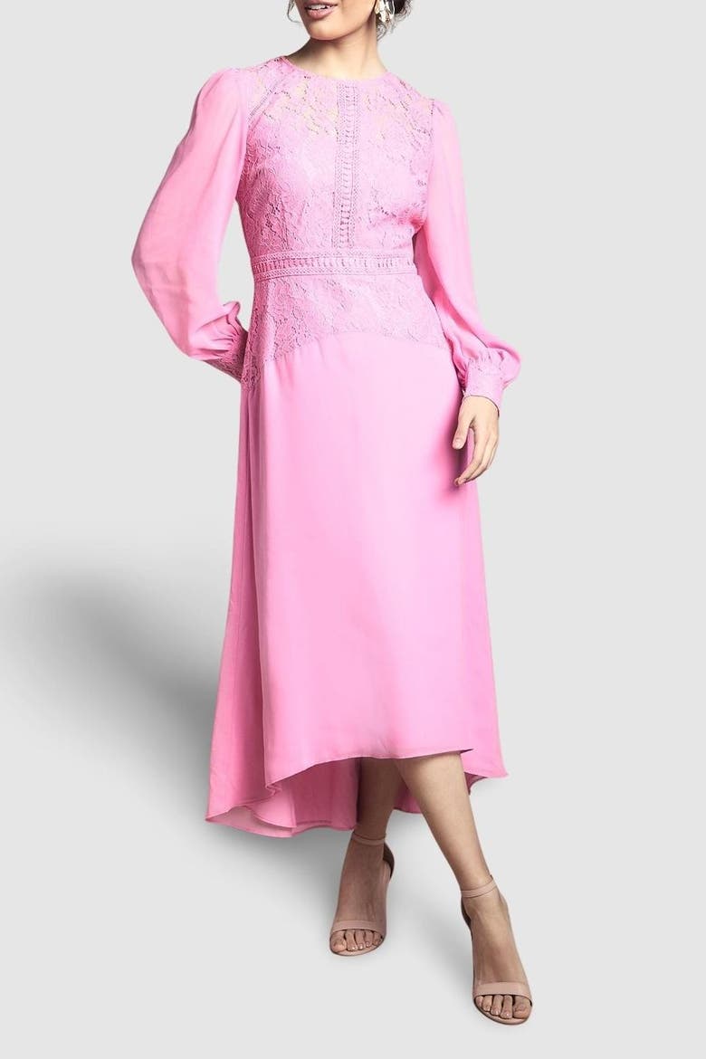 Lace Insert Chiffon Midi Dress, Alternate, color, Pink