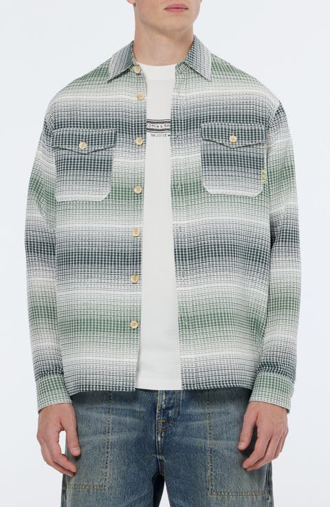 Relaxed Fit Ombré Stripe Cotton Waffle Texture Button-Up Shirt