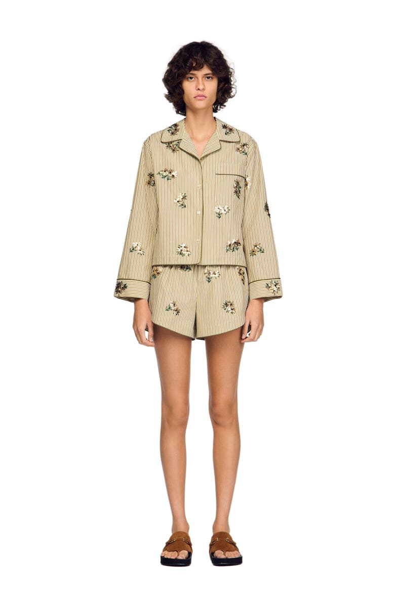 SANDRO Striped shirt, floral embroidery, Alternate, color, Olive Green