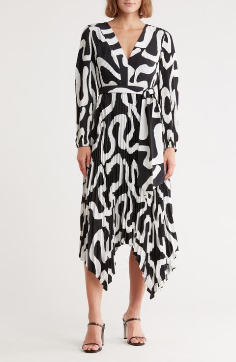 Liora Ink Print Long Sleeve Pleated Midi Dress