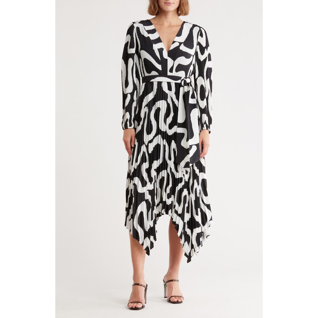 Milly Liora Ink Print Long Sleeve Pleated Midi Dress In Black