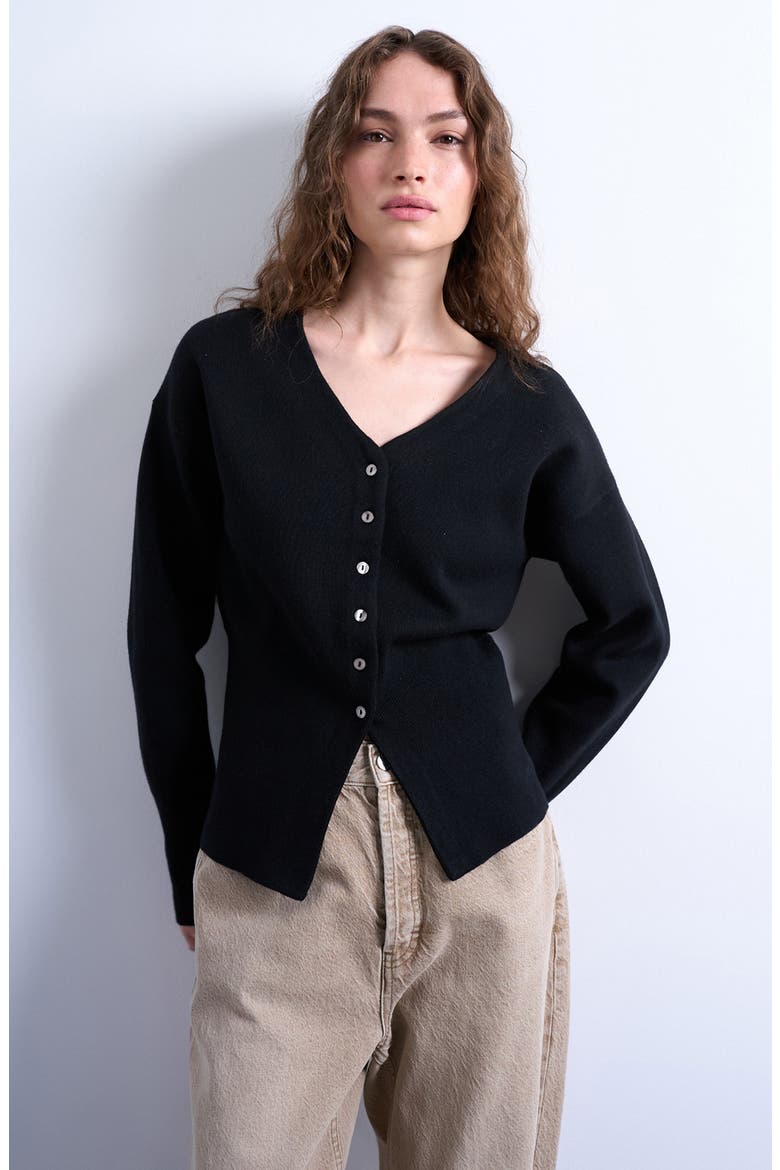 V-Neck Fitted Waist Cardigan, Main, color, BLACK