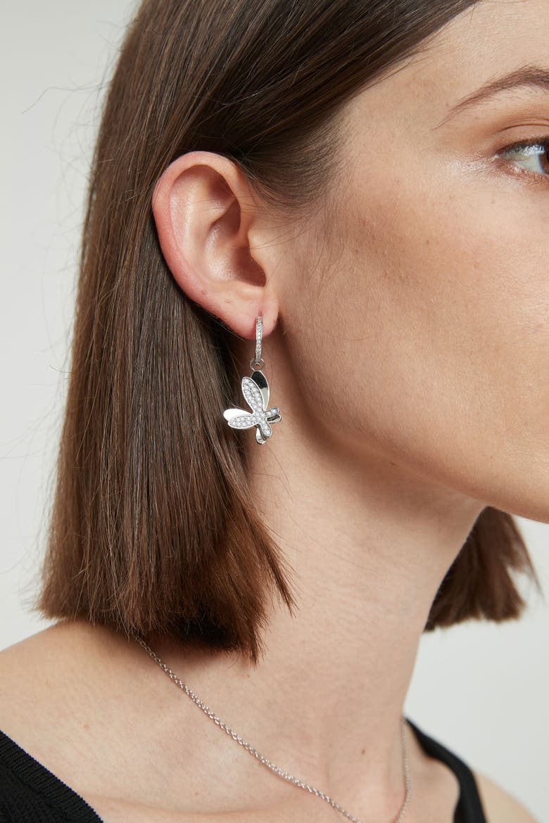 Pavé Butterfly Dangle Drop Hoop Earrings, Alternate, color, Silver/Clear
