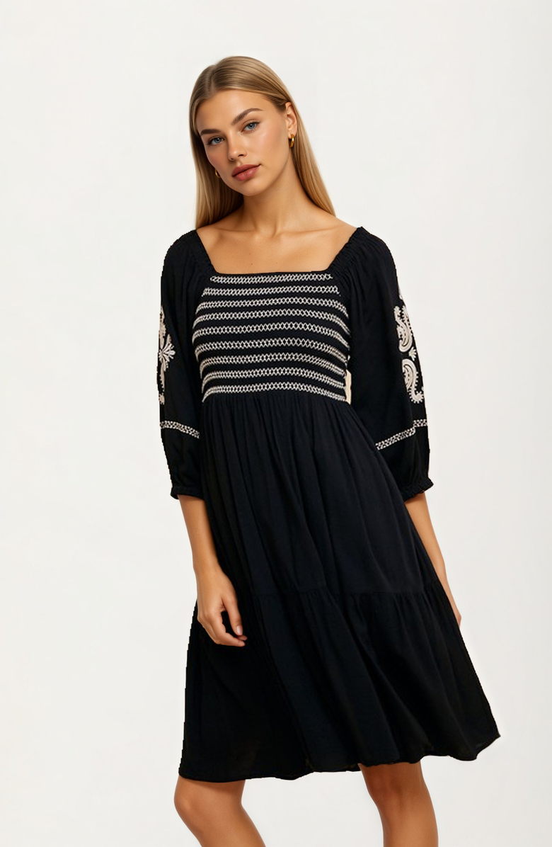 Knit and Lounge Embroidered Square-Neck Three-Quarter-Sleeve Dress, Main, color, 