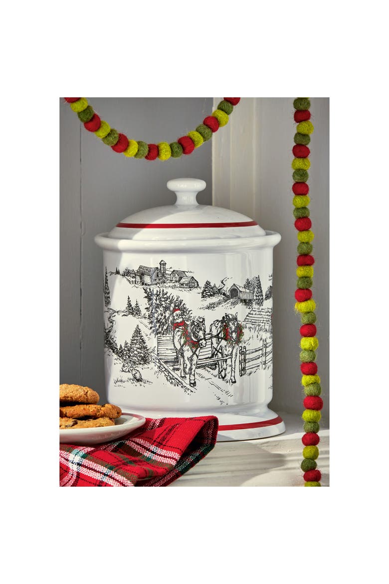 Farmhouse Christmas Cookie Jar with Lid Earthenware, Alternate, color, White