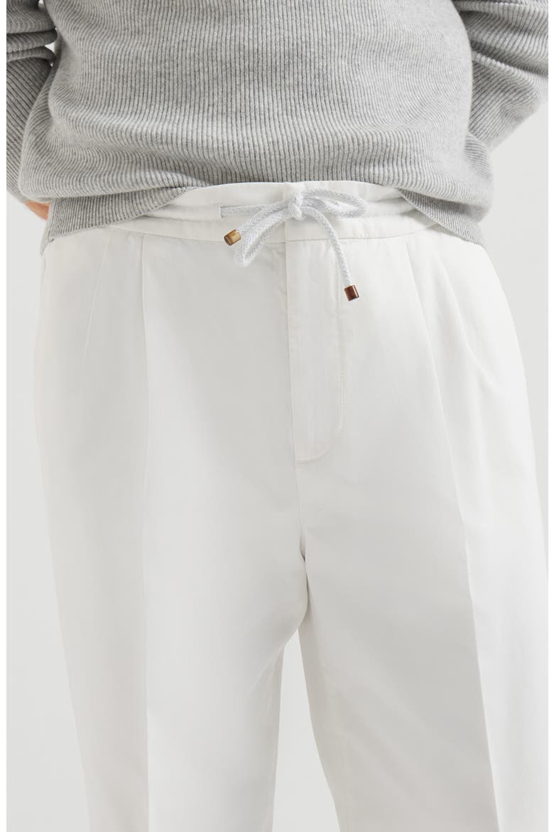 Garment-dyed twisted cotton gabardine trousers with drawstring and double pleats, Alternate, color, Snow
