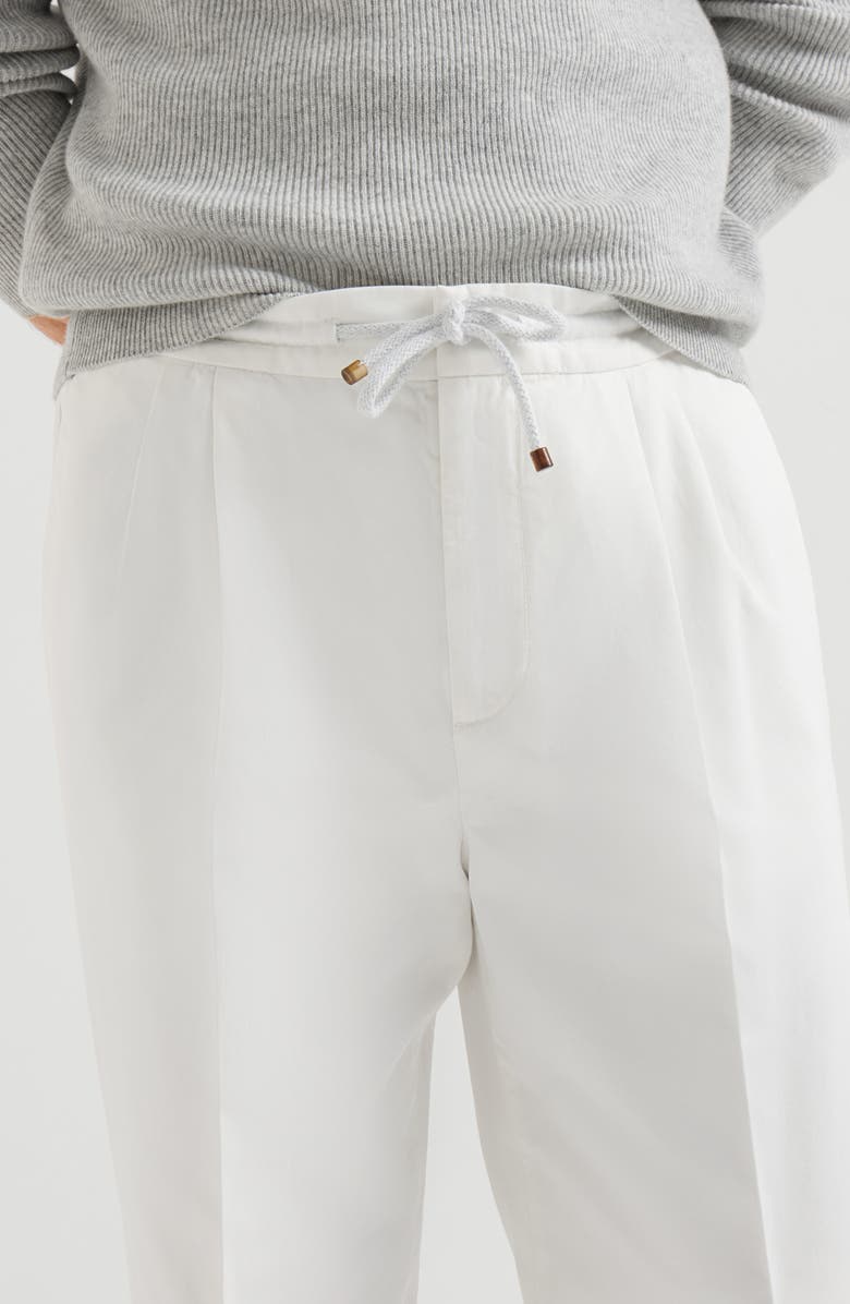 Brunello Cucinelli Garment-dyed twisted cotton gabardine trousers with drawstring and double pleats, Alternate, color, Snow
