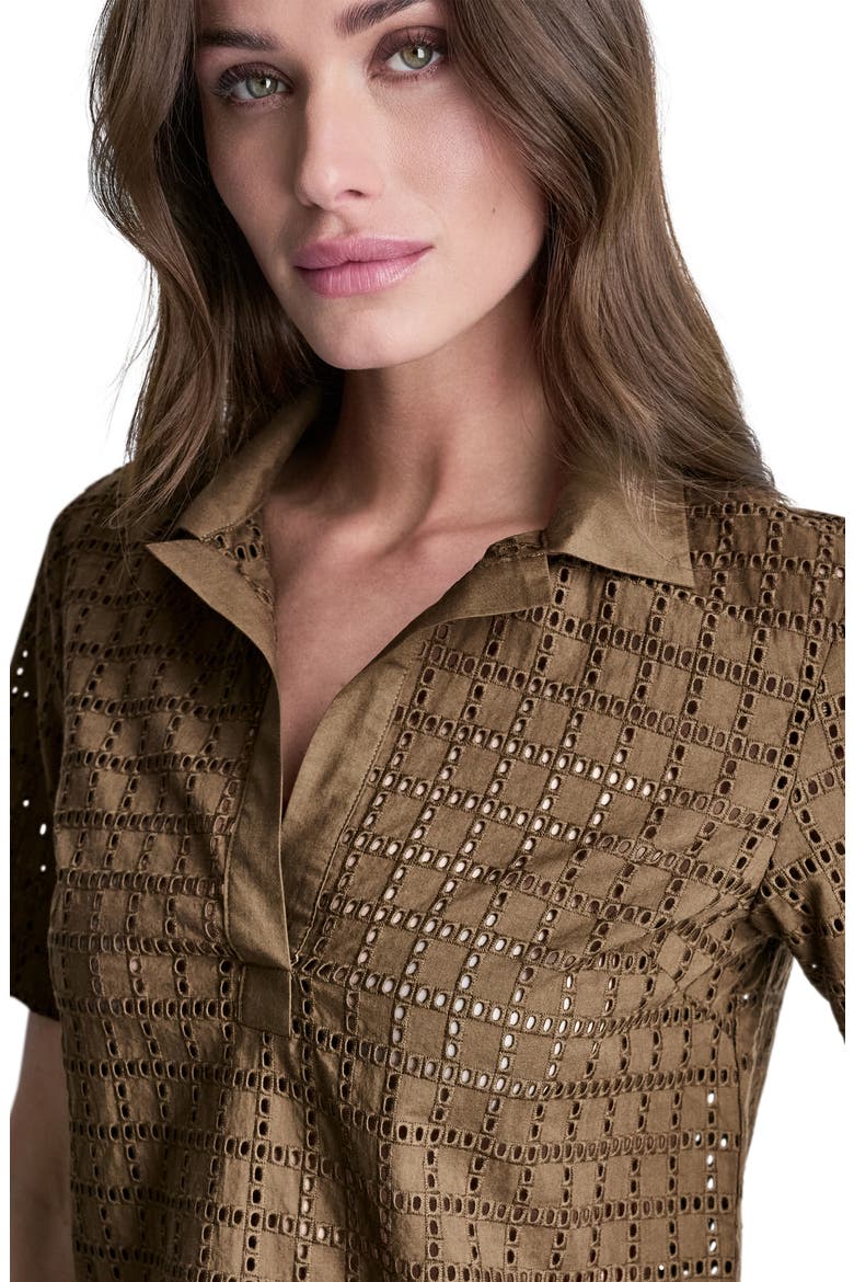 Short Sleeve Eyelet Johnny Collar Top, Alternate, color, MOCHA