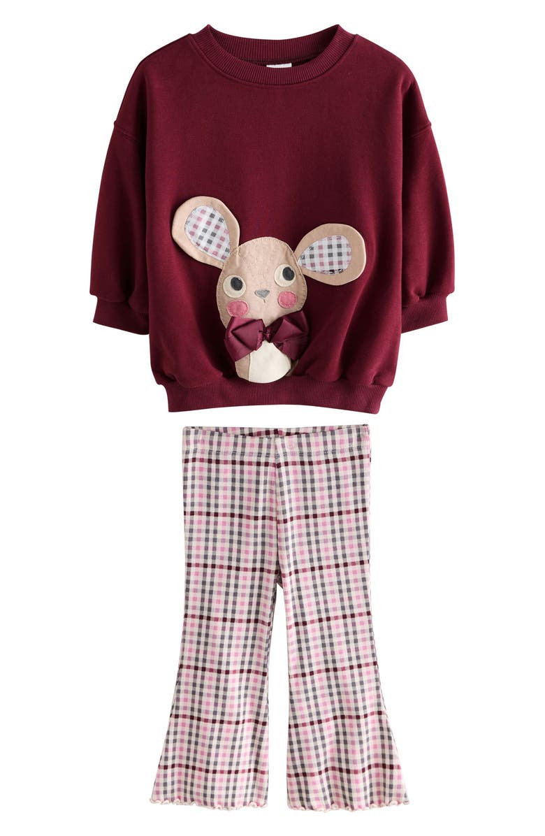 NEXT Kids' Holiday Appliqué Graphic Sweatshirt & Flare Leggings Set, Main, color, Burgundy