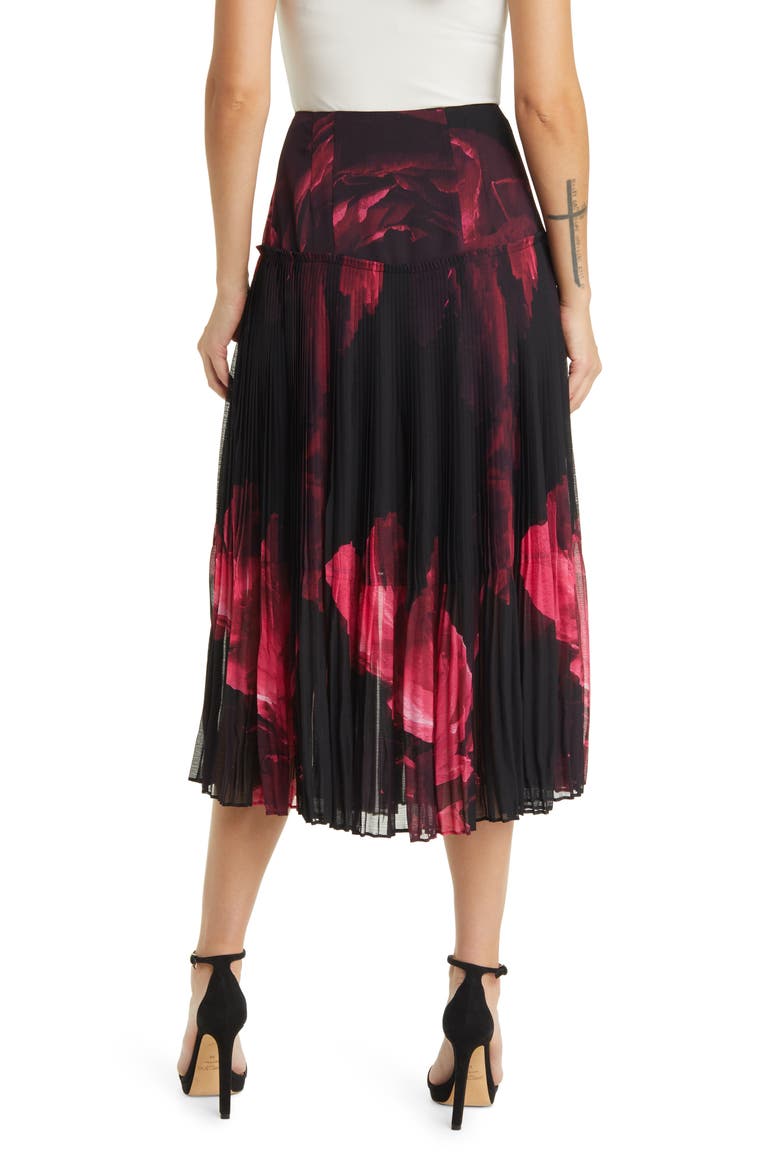 Raychi Floral Pleated Midi Skirt, Alternate, color, BLACK/ RED