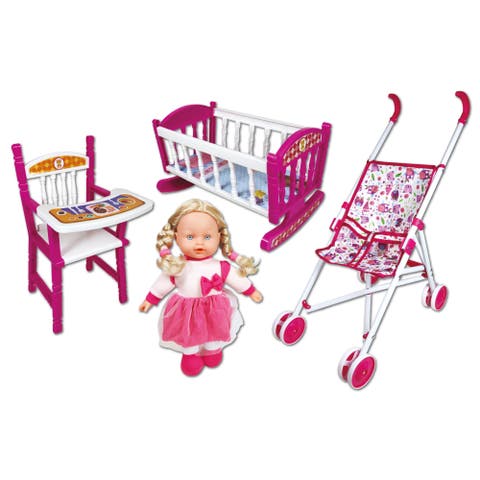 12 Inch Doll Set with Stroller, Bed & Highchair