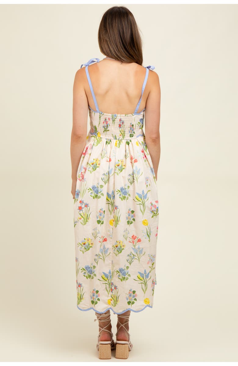 PinkBlush Floral Shoulder Tie Scallop Trim Midi Dress, Alternate, color, Cream
