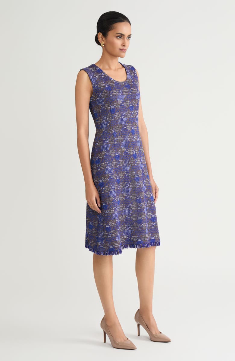 Ming Wang Fringe Tweed Sleeveless Sheath Knit Dress, Alternate, color, Sapphire Sea/Dark Umber/Ivory