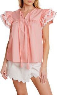 FLYING TOMATO Solid Woven Flutter Sleeve Top