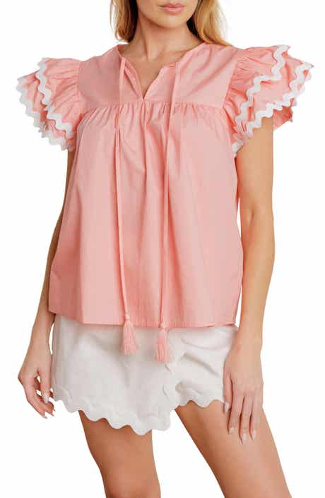 FLYING TOMATO Solid Woven Flutter Sleeve Top