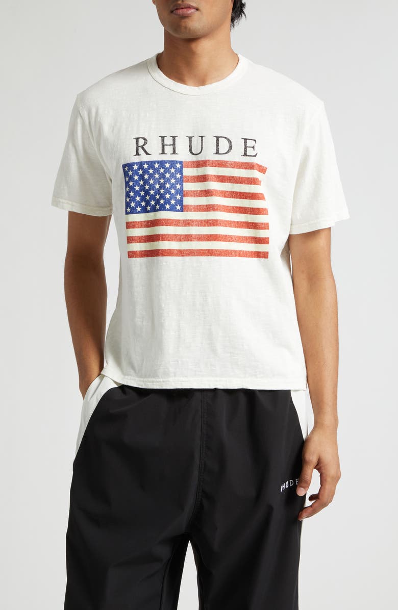 Rhude USA Flag Slub Cotton Graphic T-Shirt, Main, color, Vintage White/ Black