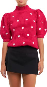 English Factory Heart Embroidered Puff Sleeve Sweater