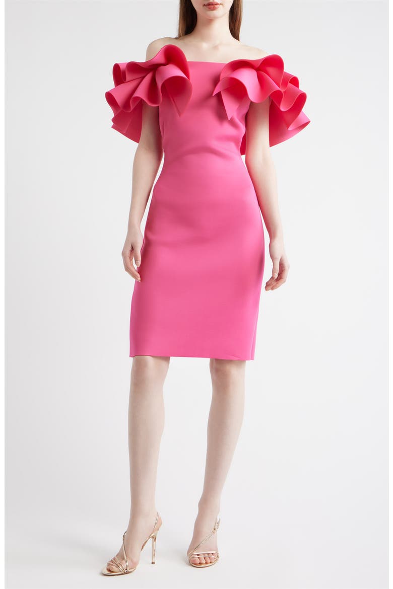 Ruffle Off the Shoulder Scuba Crepe Cocktail Dress, Main, color, VIBRANT PINK