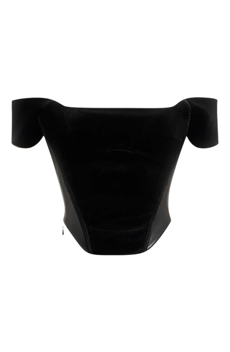 Manière De Voir Fae Velvet & Leather Bardot Corset Top, Alternate, color, Black