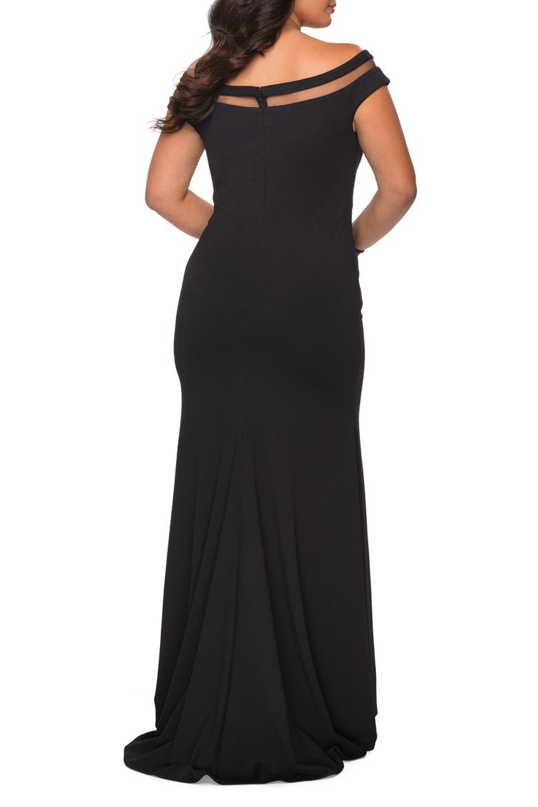 Off The Shoulder Plus Size Gown with Sheer Neckline Detail, Alternate, color, BLACK