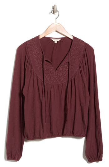 Lucky Brand Tie Neck Bubble Hem Top In Brown