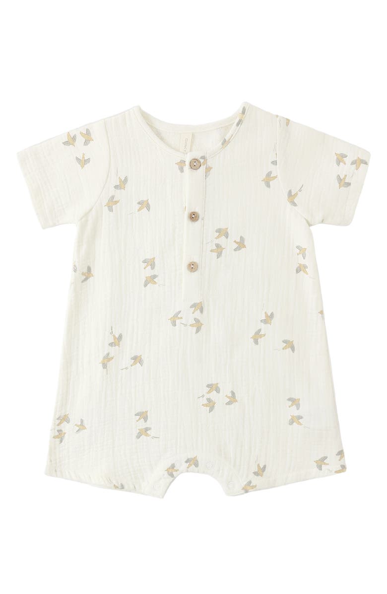 QUINCY MAE Bird Print Organic Cotton Romper, Alternate, color, Ivory