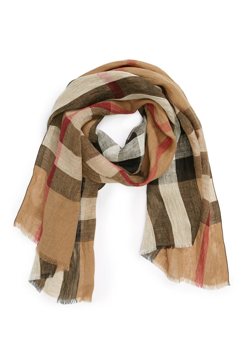 'Giant Exploded Check' Linen Scarf, Main, color, HOUSE CHECK/ BLACK