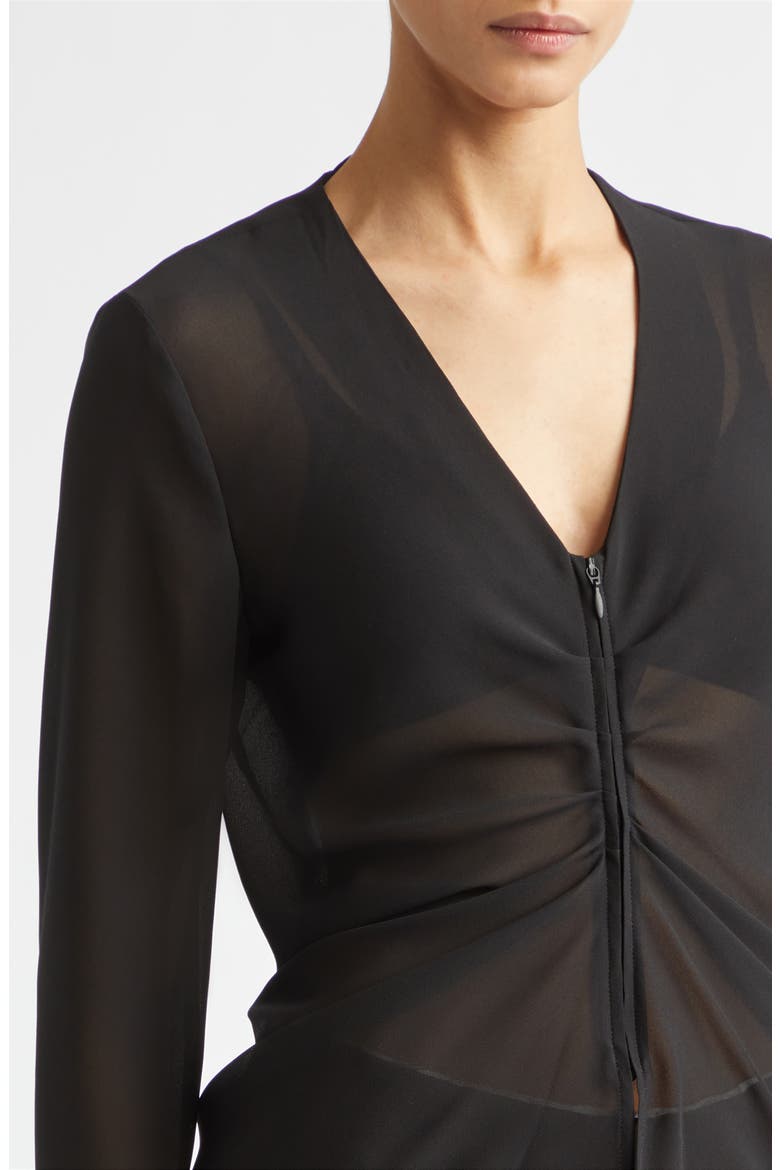 Gathered Sheer Chiffon Zip Top, Alternate, color, BLACK