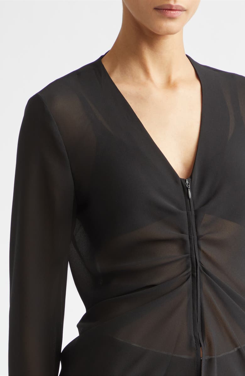 MM6 Maison Margiela Gathered Sheer Chiffon Zip Top, Alternate, color, Black