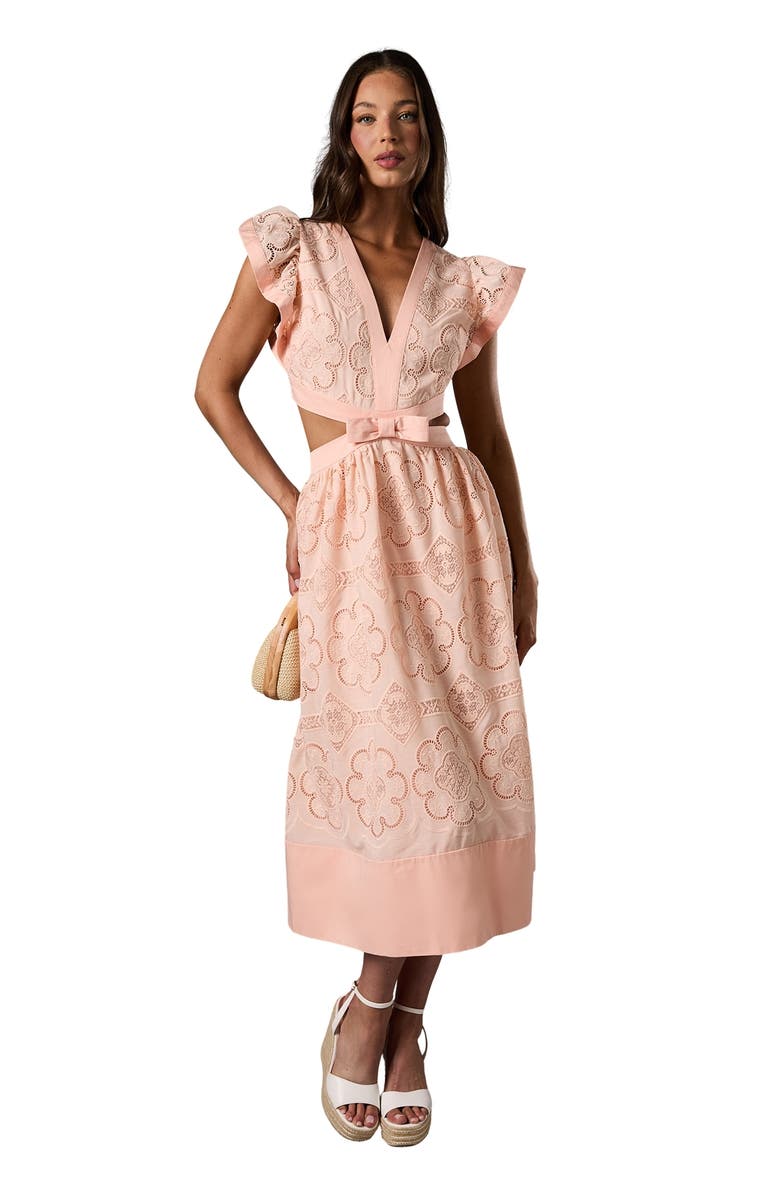 Coast V-Neck Cut Out Lace Midi Dress, Main, color, Peach