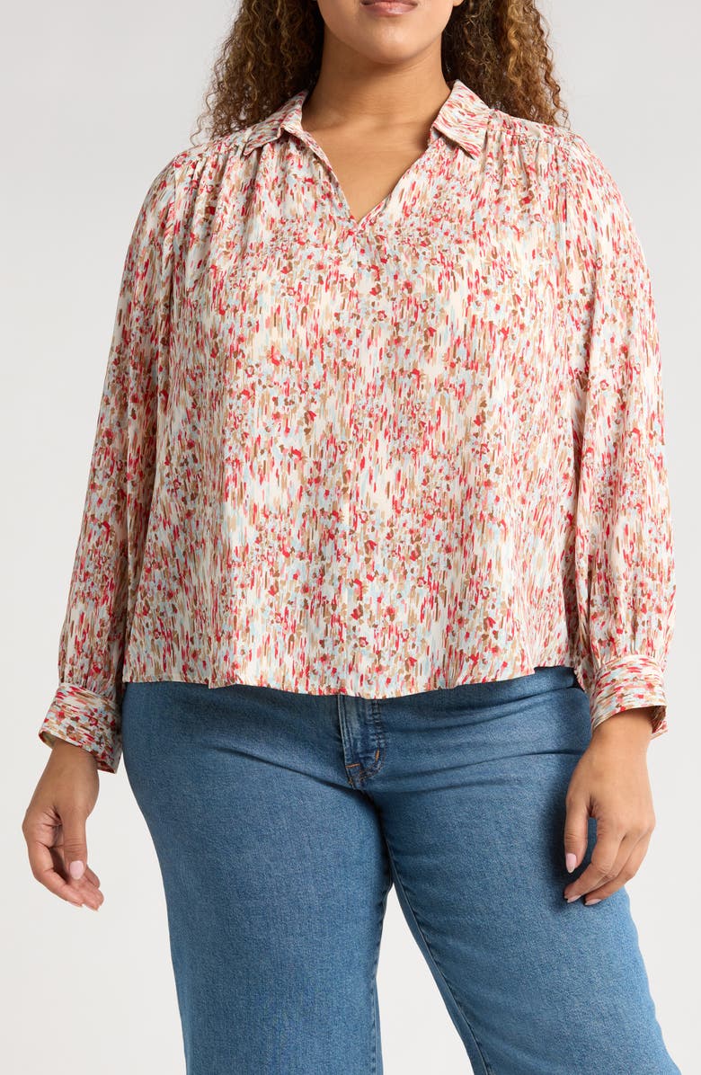 Halogen<sup>®</sup> Ikat Floral Popover Top, Main, color, Coral/ Iced Aqua