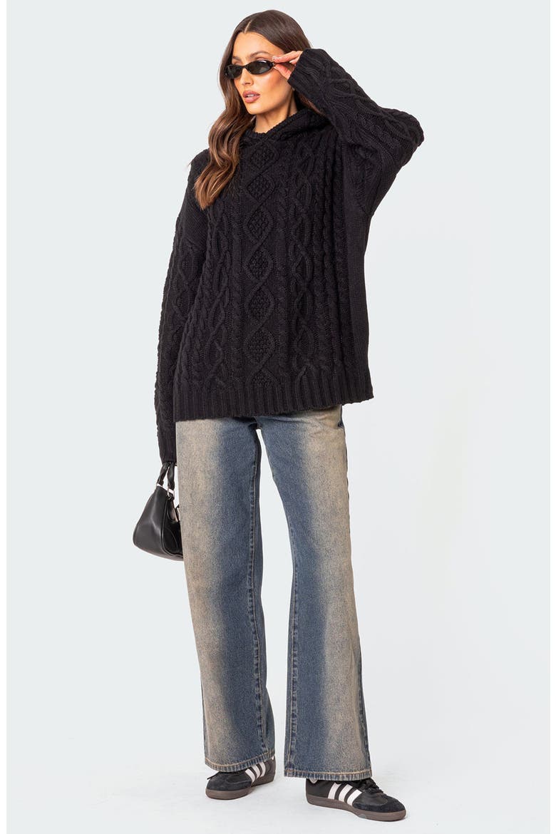 Oversize Cable Knit Hoodie, Alternate, color, BLACK