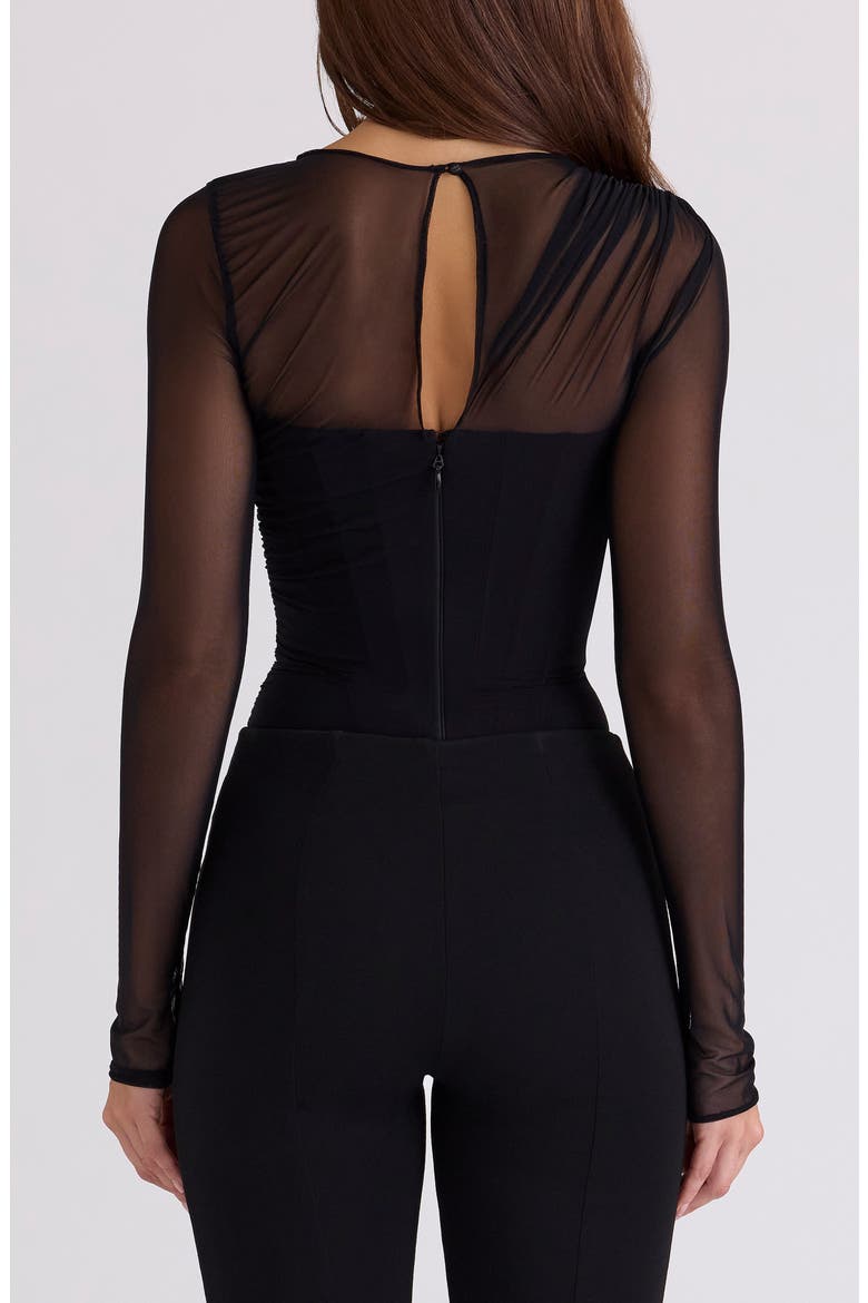 Orelia Draped Mesh Bodysuit, Alternate, color, BLACK