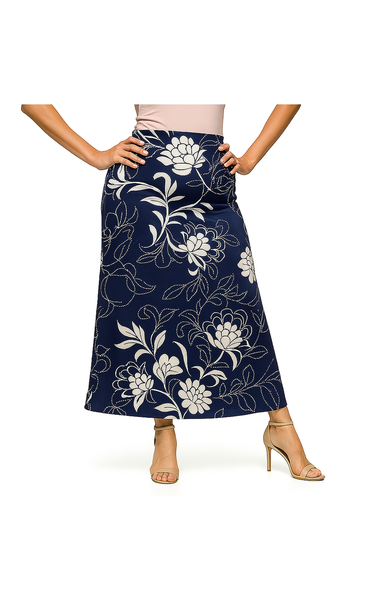 24seven Comfort Apparel Maternity Navy Floral Print Elastic Waist A-Line Maxi Skirt, Main, color, Blue Multi