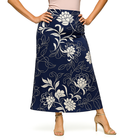 Maternity Navy Floral Print Elastic Waist A-Line Maxi Skirt