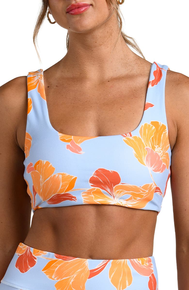 La Blanca Outline Floral Scoop Neck Reversible Sports Bra, Main, color, Drift