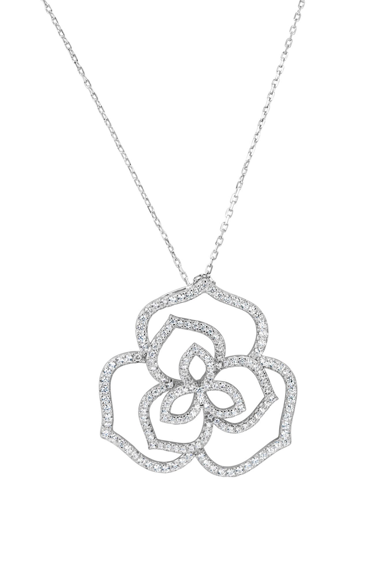 SUZY LEVIAN Sterling Silver Flower Pave Cubic Zirconia Pendant Necklace