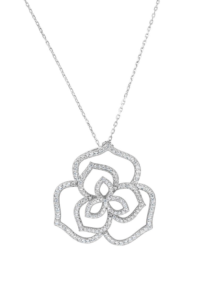Sterling Silver Flower Pave Cubic Zirconia Pendant Necklace, Main, color, WHITE