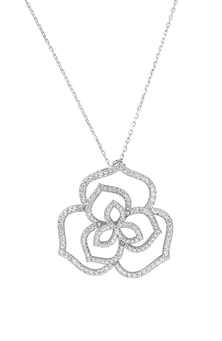 SUZY LEVIAN Sterling Silver Flower Pave Cubic Zirconia Pendant Necklace, Main, color, White