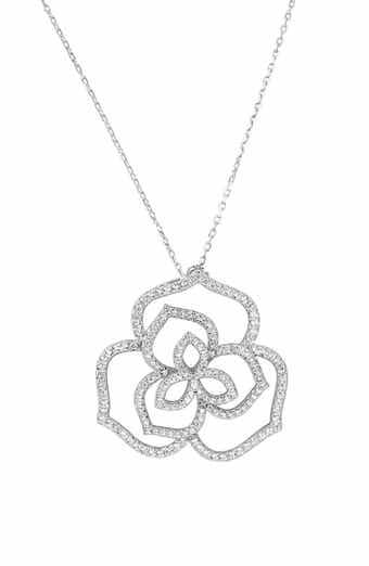 Sterling Silver Flower Pave Cubic Zirconia Pendant Necklace
