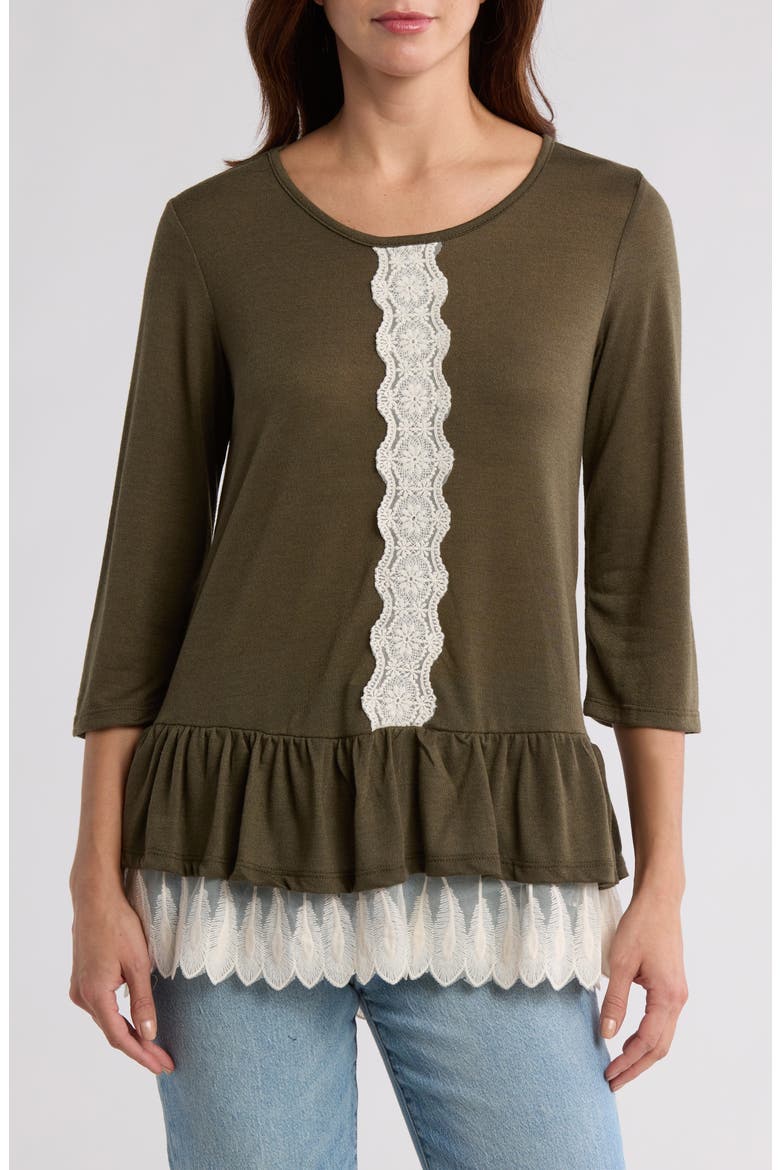 Lace Trim Long Sleeve Peplum Top, Main, color, OLIVE
