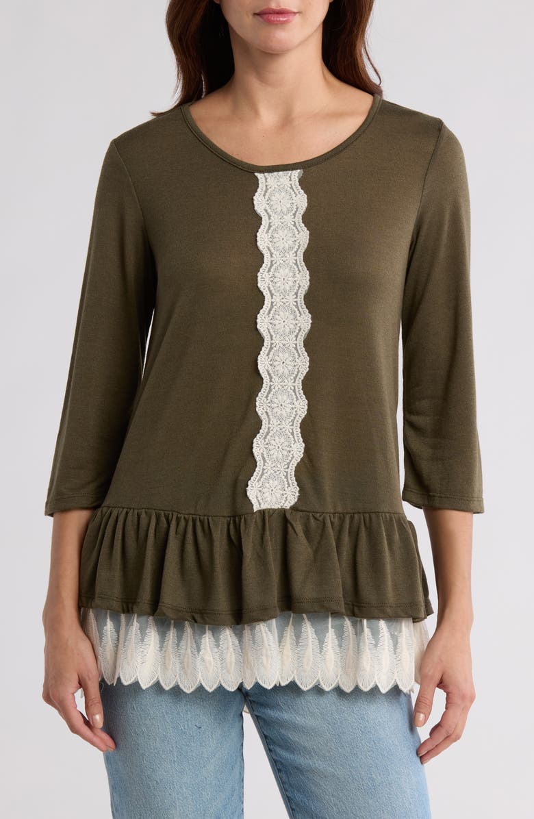 Forgotten Grace Lace Trim Long Sleeve Peplum Top, Main, color, Olive