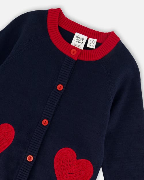 Deux Par Deux Knitted Cardigan With Red Embroidered Hearts In Black