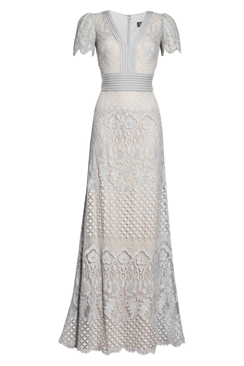 Embroidered Lace Evening Gown, Alternate, color, PEWTER/PETAL