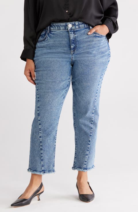 Frayed Twist Seam High Waist Ankle Straight Leg Jeans (Plus)