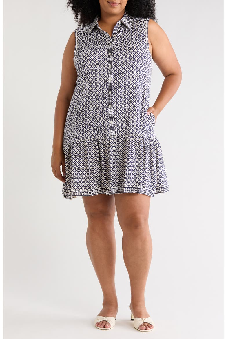 Sleeveless Ruffle Hem Shirtdress, Main, color, INDIGO/ CREAM CHAINMAIL GEO